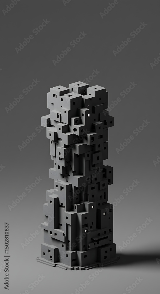 Poster abstract grey monochromatic 3d render of a complex cubic structure modern architecture design
