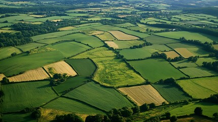 Aerial view of lush green farmland fields