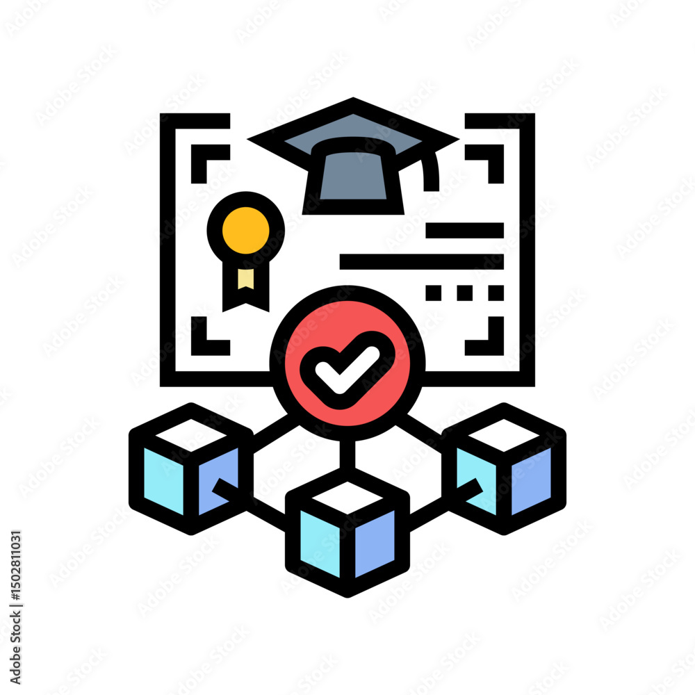 Poster blockchain based credentials verification color icon vector illustration