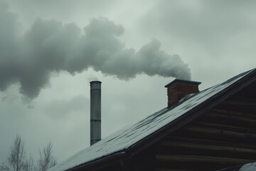 Smoky chimney on a rustic cabin roof