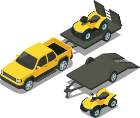  Isometric truck towing trailer with ATV