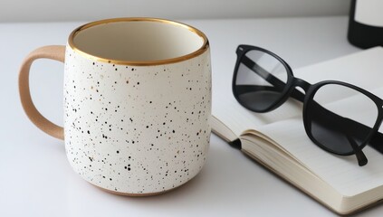 Cream-colored mug with gold trim, speckled pattern, next to open notebook and sunglasses on white surface