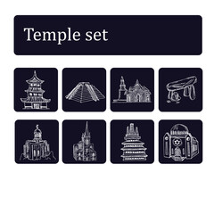 Temple hand drawn doodle set. Isolated elements on white background. Symbol collection.