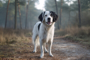 Stabyhoun dog standing on a forest path looking at camera