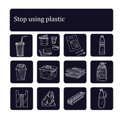 Stop using plastic hand drawn doodle set. Vector illustration. Isolated elements on white background. Symbol collection.