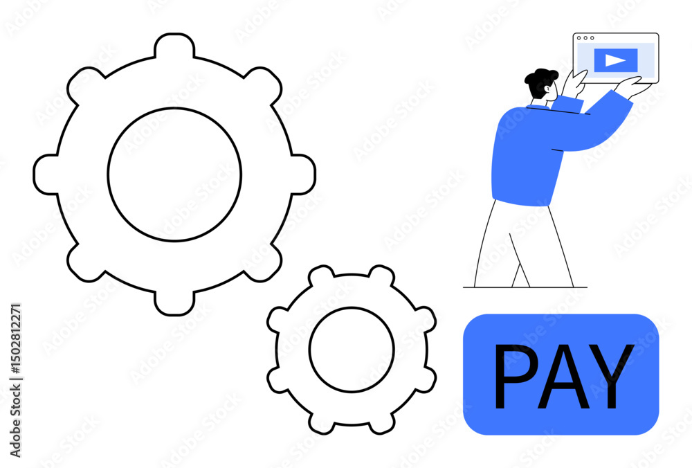 Poster man holding a tablet with a play button, gears representing process, and a pay button. ideal for eco