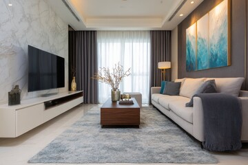 Modern living room with a stylish sofa and television.