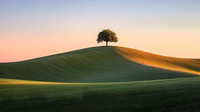 Simple hill with a single tree and a soft sunset