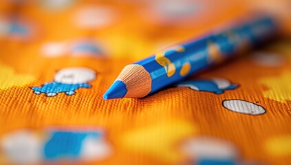 Obraz premium Close-up of a vibrant blue crayon on textured orange fabric