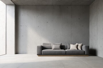 Grey sofa in a modern concrete room.