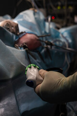 Close-up of a veterinarian surgeon manipulating laparoscopic instruments during minimally invasive animal surgery in an operating room, highlighting advanced healthcare technology.