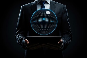 Businessman holding tablet with holographic sphere