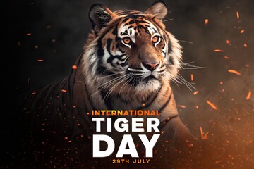 International Tiger Day (July 29th): Majestic tiger portrait with fiery embers on dark background. Wildlife conservation awareness graphic generative ai