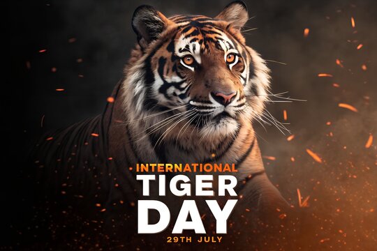 International Tiger Day (July 29th): Majestic tiger portrait with fiery embers on dark background. Wildlife conservation awareness graphic generative ai - Powered by Adobe