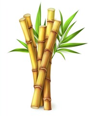 Obraz premium Bunch of sugar cane stalks with vibrant green leaves. Close-up view of the yellow-tan colored stalks, showing their segmented structure. Fresh, healthy, and natural