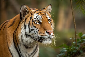Fototapeta premium Majestic tiger close-up: Beautiful wild feline with orange fur & black stripes gazes intently in its lush jungle habitat. Wildlife photography. generative ai
