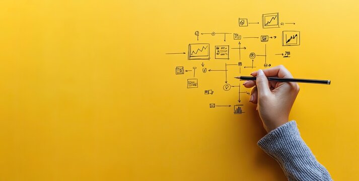 Hand drawing a business process flow chart on a yellow surface