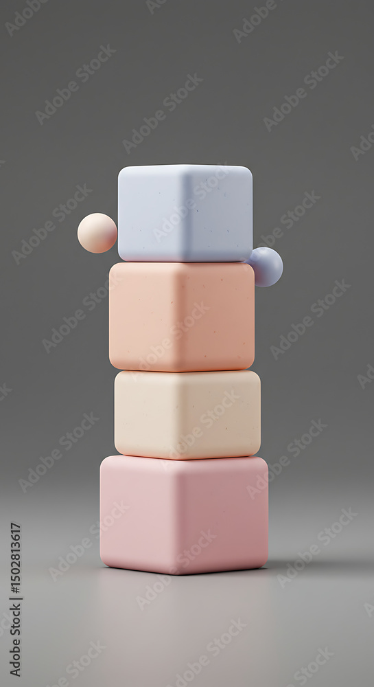 Aufkleber stacked pastel cubes with floating spheres abstract 3d render minimalist design