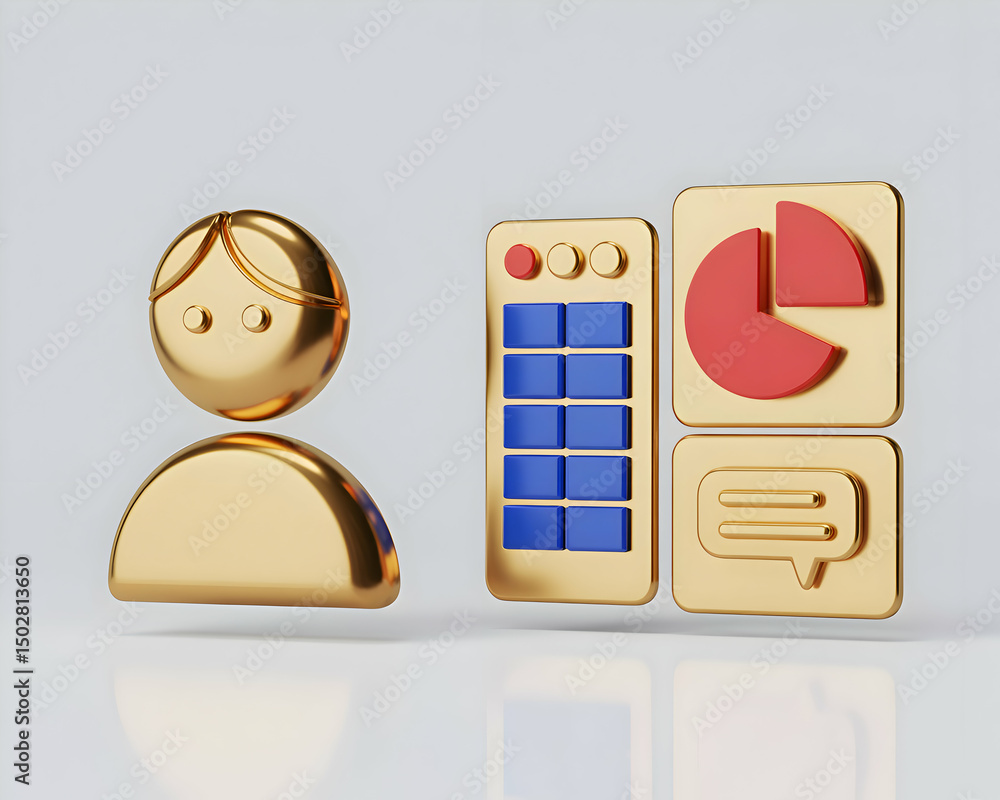 Poster gold 3d icons representing user data analytics and communication