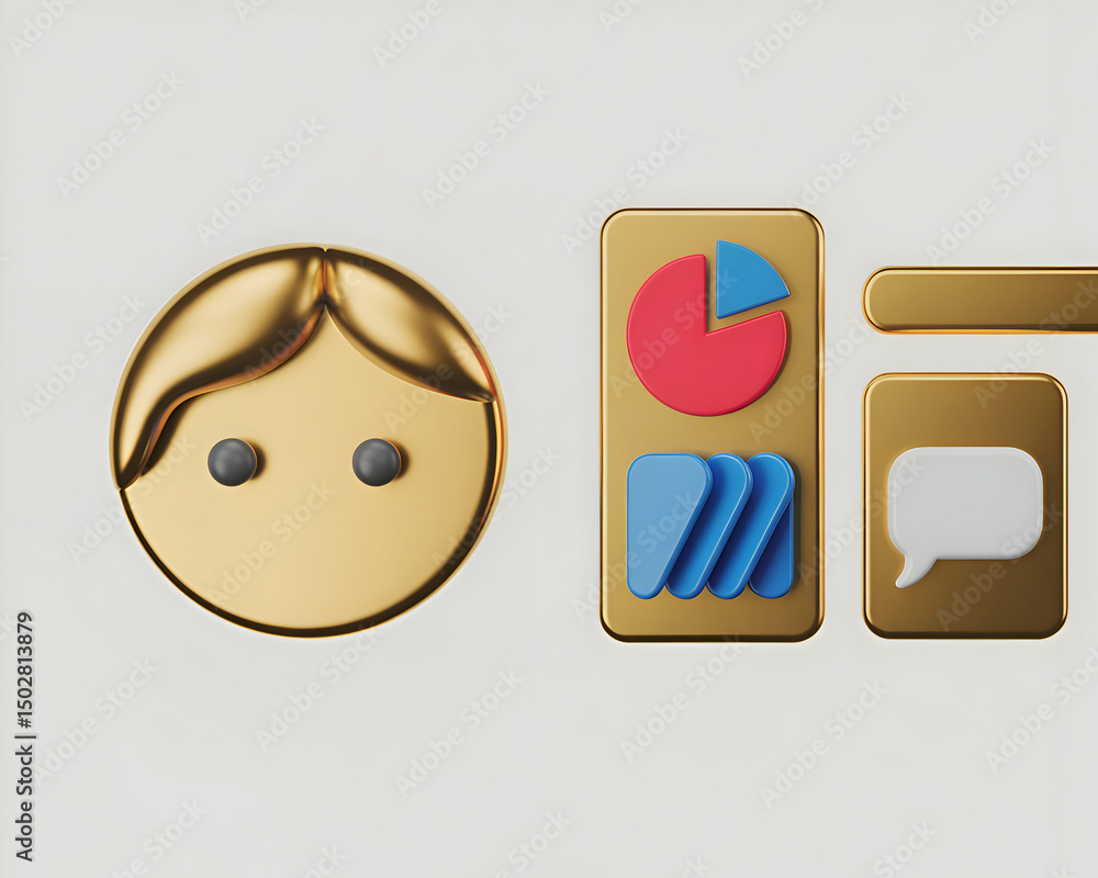 Poster golden user icon with data analysis and communication symbols
