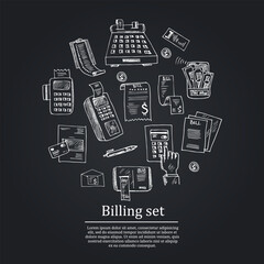 Billing hand drawn doodle set. Vector illustration. Isolated elements on white background. Symbol collection.