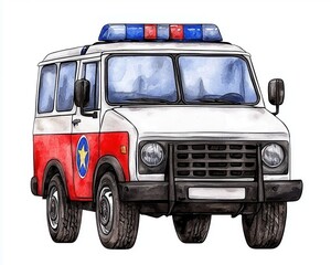 Watercolor Style Emergency Vehicle With White Body Red Side and Blue Lights