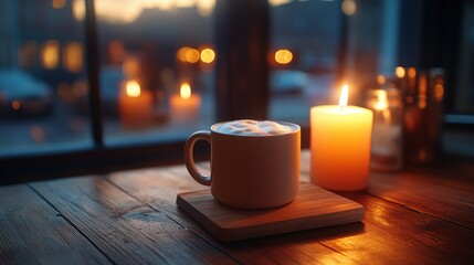 Warm coffee cup, candles, and window view at dusk