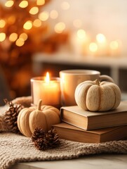 Cozy autumn scene featuring candles, pumpkins, and books with warm bokeh lights in background