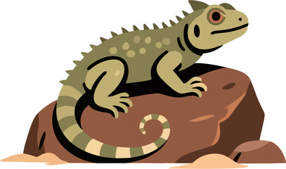 Cartoon Desert Lizard Vector Illustration with Spiked Reptile on Rock in Flat Minimalist Style