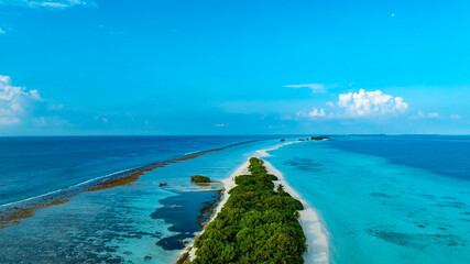 The aerial view in the island with white sand beach as coastline in summer Maldives