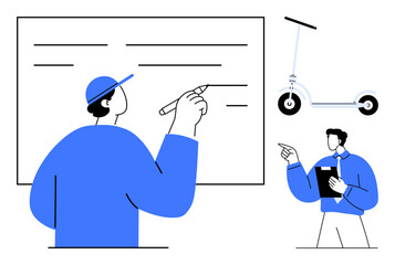 Person analyzing and sketching on a whiteboard while another provides feedback holding a tablet. Nearby, an electric scooter is illustrated. Ideal for teamwork, brainstorming, innovation