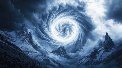 Cloud swirl above peak with dramatic spiral mountain contrast and motion tone ideal for landscape or energy visuals