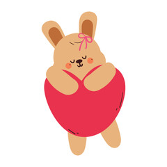 cute drawing bunny flying with big pink balloon. animal doodle for sticker, icon