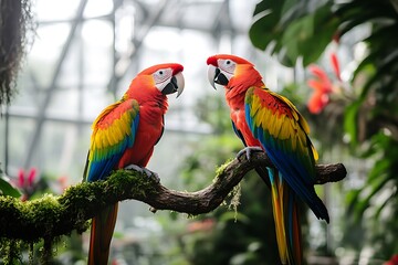 Obraz premium Two vibrant parrots perch on moss-covered rocks in a lush indoor botanical garden filled with exotic flowers, green foliage, and tropical plants.