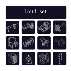 Loud hand drawn doodle set. Vector illustration. Isolated elements on white background. Symbol collection.
