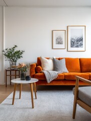 Modern living room with an orange velvet sofa.