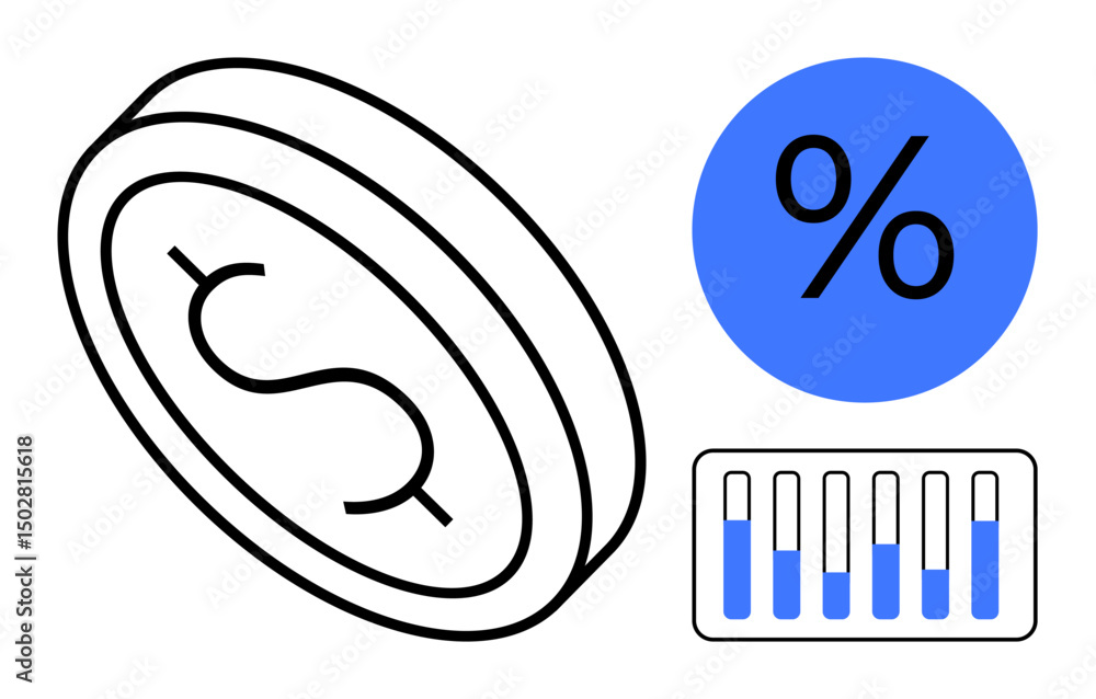 Poster dollar coin with an intersecting percentage symbol and a bar graph conveying financial themes. ideal