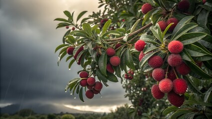 Obraz premium Indian Bayberry Tree with Ripe Fruits in Rainy Dark Weather