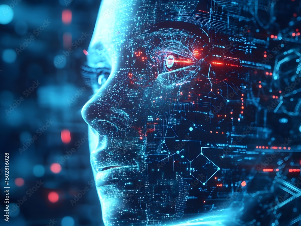 Poster cybernetic sentience: a detailed, high-tech portrait of a synthesized individual, revealing intricat