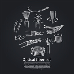Optical fiber hand drawn doodle set. Vector illustration. Isolated elements on white background. Symbol collection.