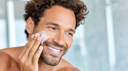 Hispanic man moisturizing face, smiling softly while looking aside during morning skincare routine, radiating self care and personal wellness in bathroom setting