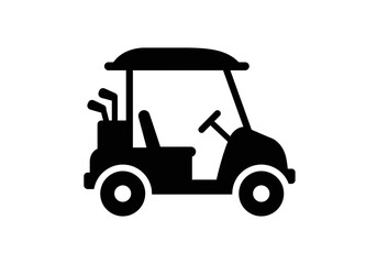 A black silhouette of a golf cart with golf clubs on a white background in a simple vector style