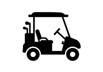 A black silhouette of a golf cart with golf clubs and a steering wheel on a white background
