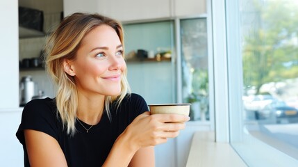 Smiling woman sipping coffee near sunny cafe window, gazing thoughtfully while contemplating upcoming plans and personal goals