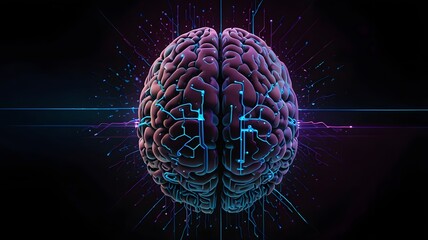 Fototapeta premium Futuristic human brain with glowing digital circuits and tech connections on dark background – artificial intelligence illustration