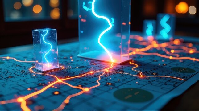 Futuristic digital map with glowing paths and illuminated holograms. magnetic storm - Powered by Adobe
