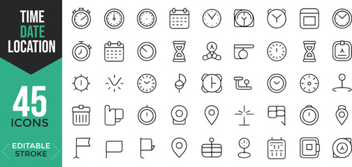 Time, Date & Location Icon Set – Line Style Vector Illustrations (Hourglass, Clock, GPS, Calendar & More)

