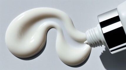 White cosmetic cream swirling softly from tube, spreading across textured gray surface with smooth, luxurious movement highlighting skincare product details