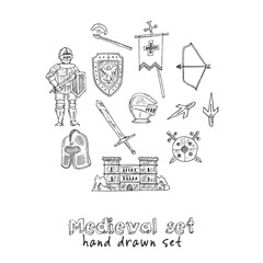 Medieval doodle set Vector isolated obkects