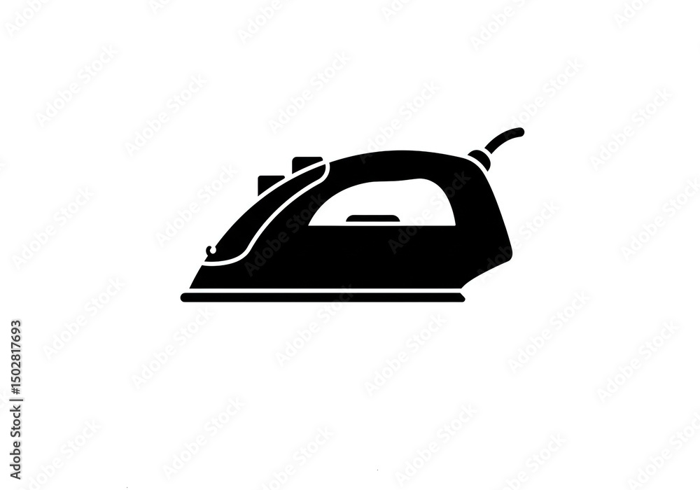 Poster a simple black and white silhouette of an iron with a handle and cord on a white background space fo